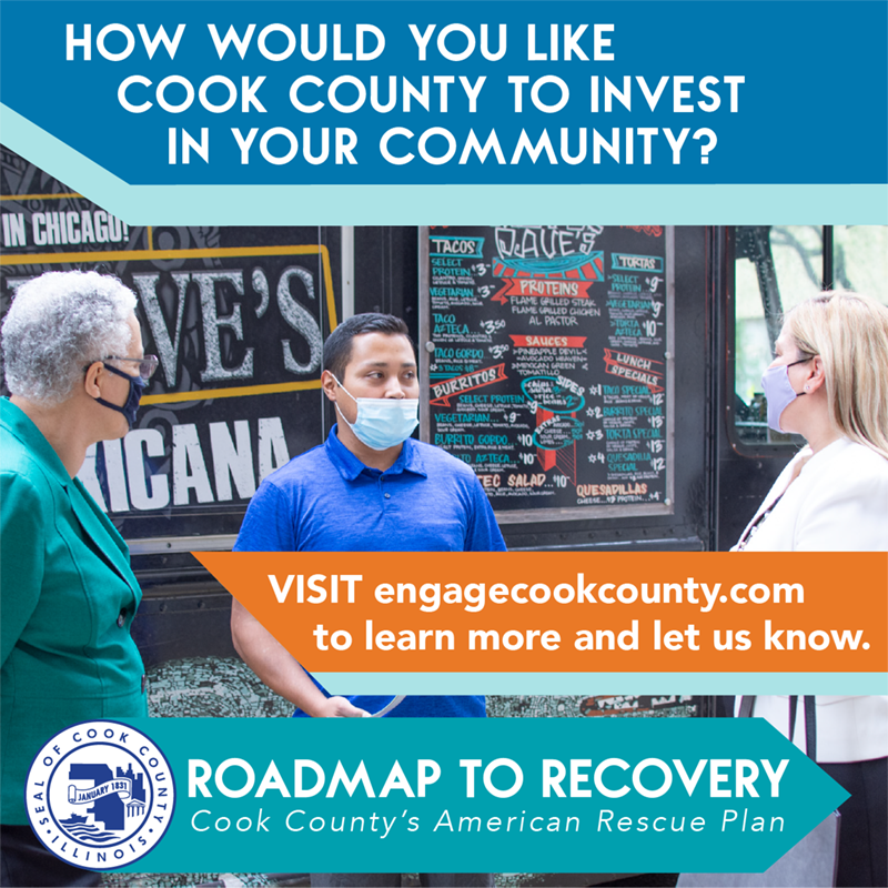 Community engagement social media graphic for Cook County American Rescue Plan funding